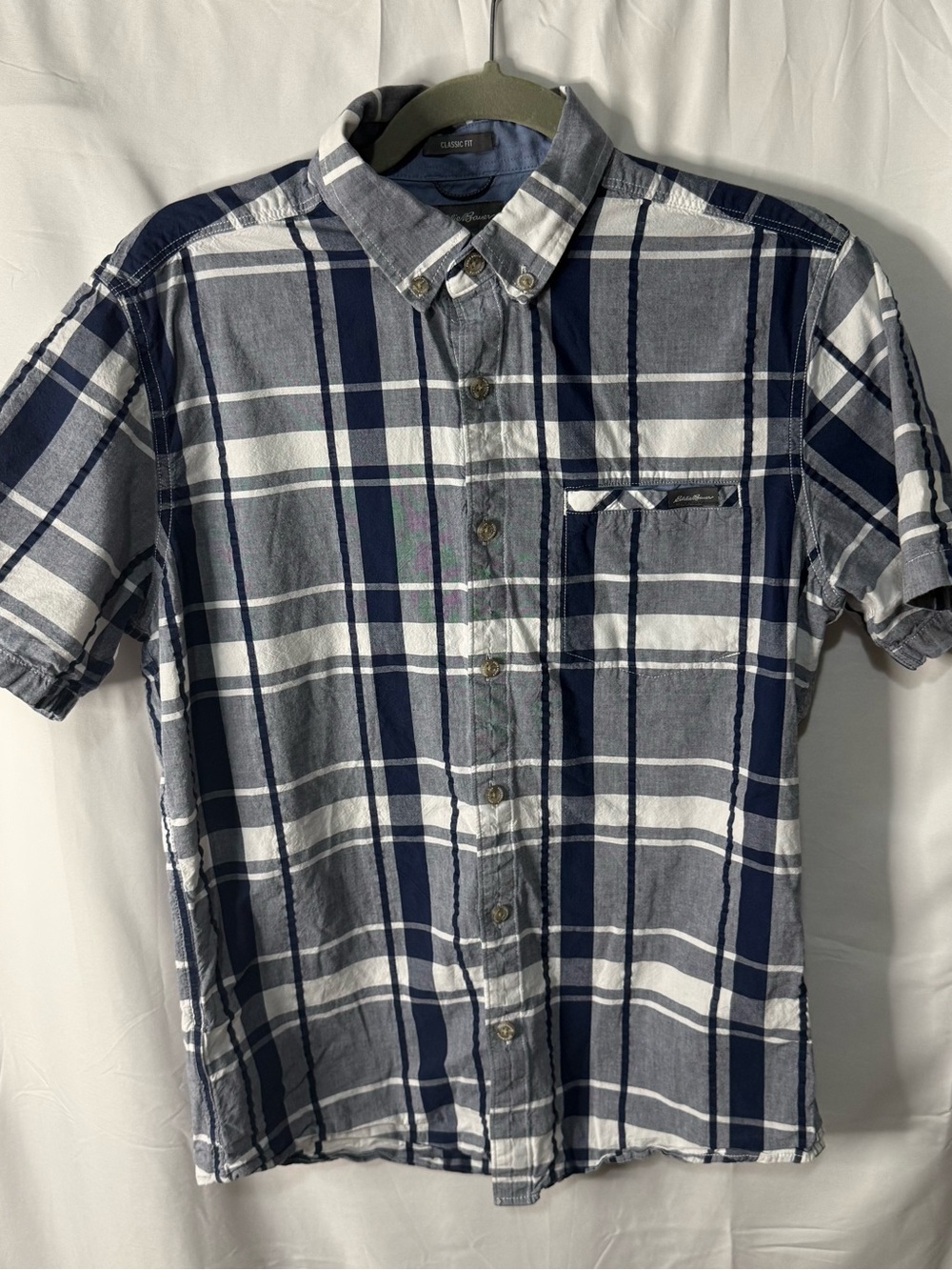 Eddie Bauer Navy and White Plaid Short-Sleeve Button-Down Shirt